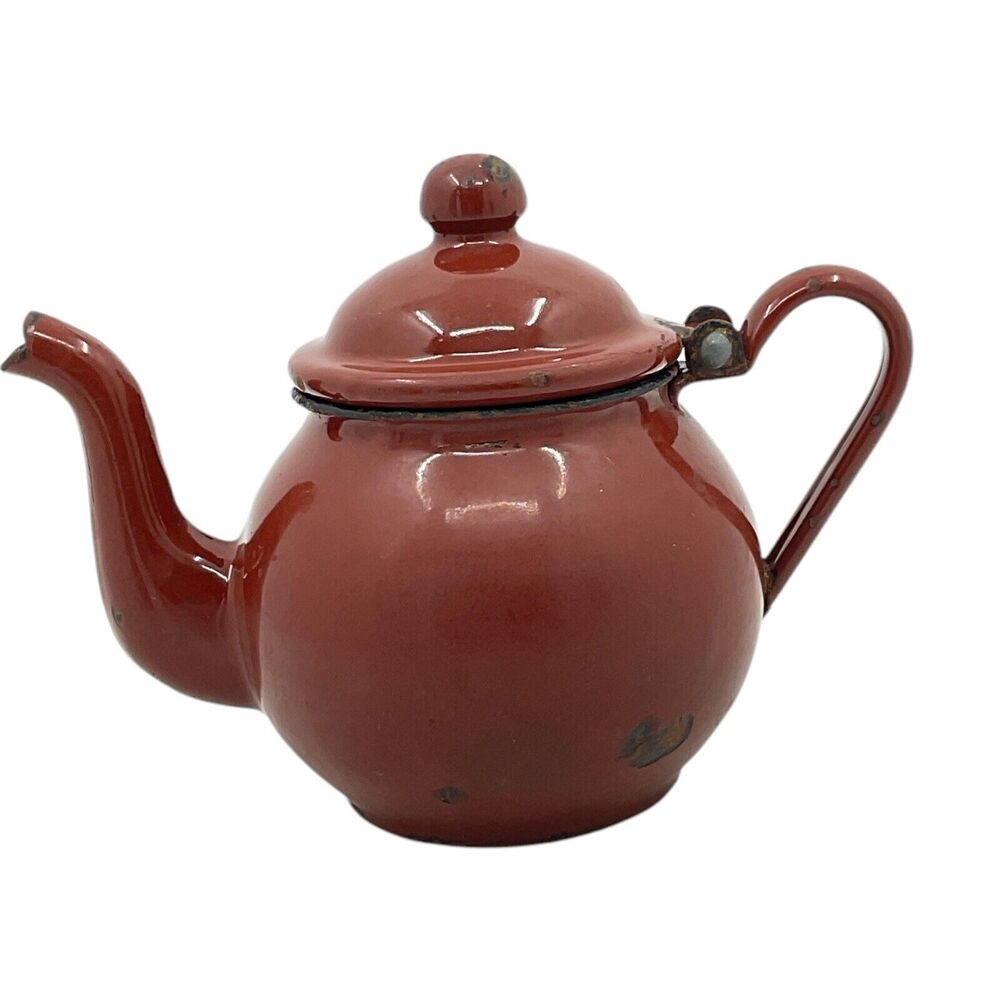 Vintage Brown Round‎ Tea Pot With Hinged Lid Enamelware Small Farmhouse Decor